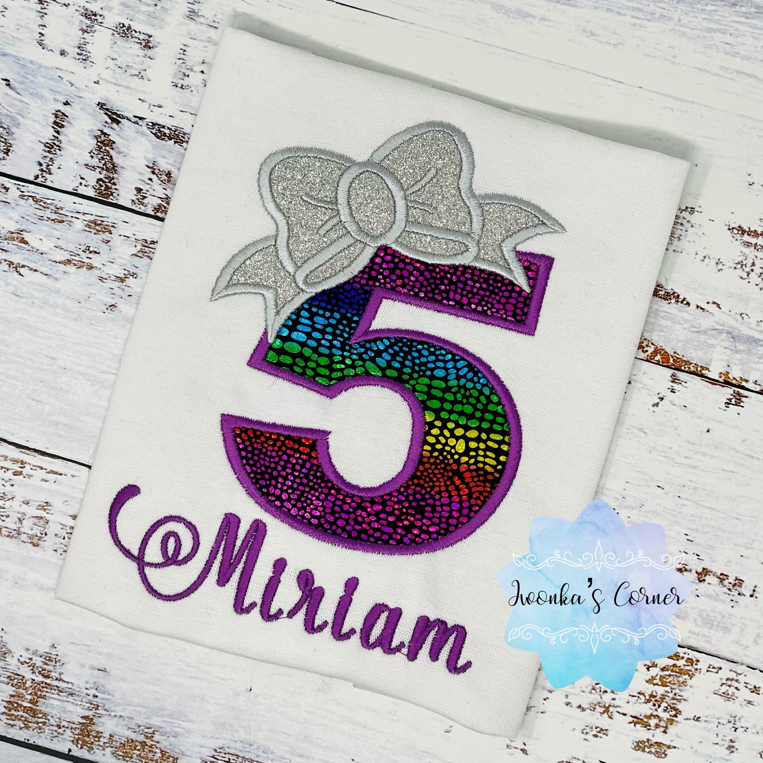 Girl Birthday Shirt with Rainbow Number and Silver Bow, 5th Birthday Outfit, Personalized Shirt, 1st, 2nd, 3rd, 4th birthday shirt,