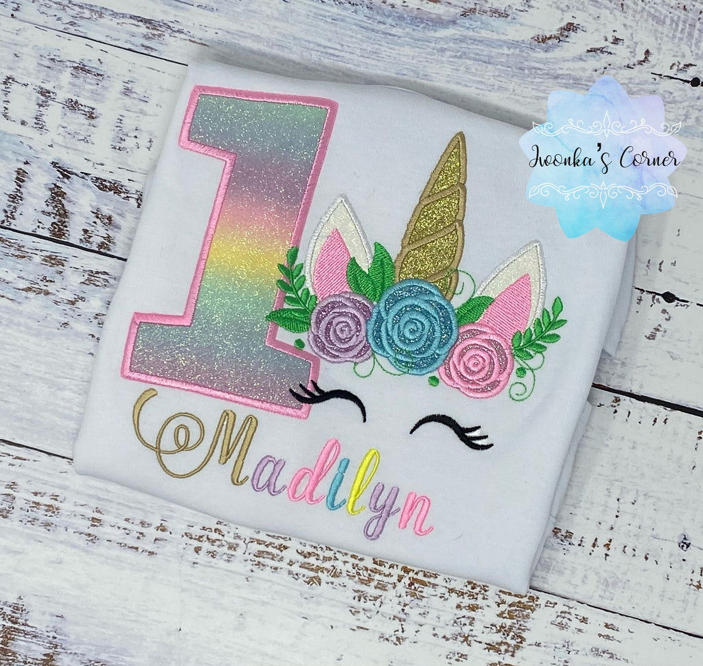 Girl birthday 1st shirt with floral crown unicorn, Embroidery unicorn shirt, 5th birthday unicorn shirt for a girl, First birthday shirt