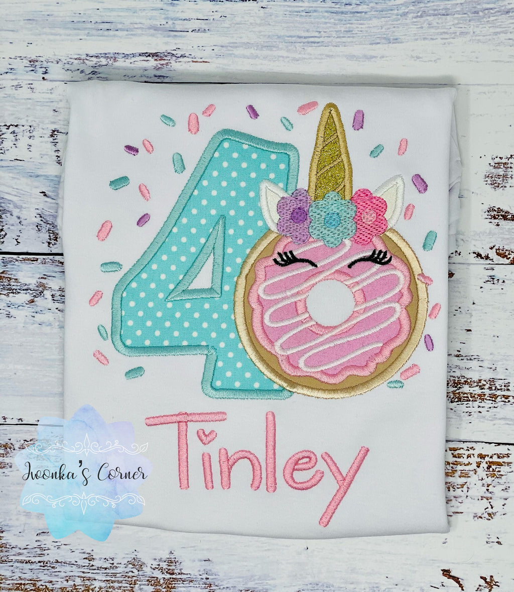 Girl 4th Birthday Unicorn Donut Shirt With Name, 3rd 5th, 6tBirthday Donut Shirt, Birthday Shirt with Donut, Donut Party, Sweet four