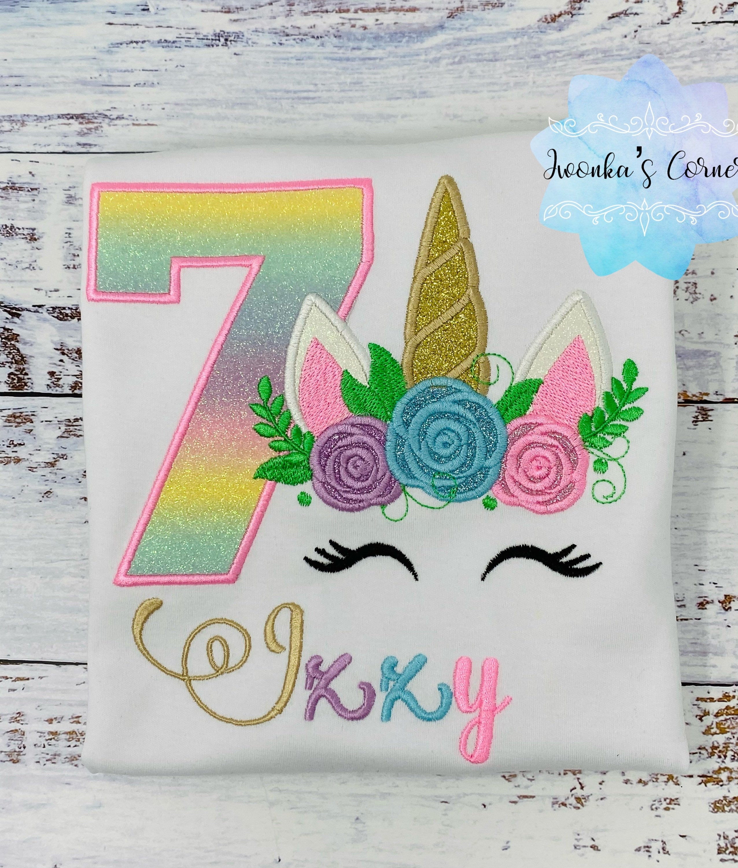 Girl 8th birthday unicorn shirt, Rainbow unicorn shirt for a girl, Unicorn party outfit , Sparkly embroidery unicorn, Custom embroidered uni