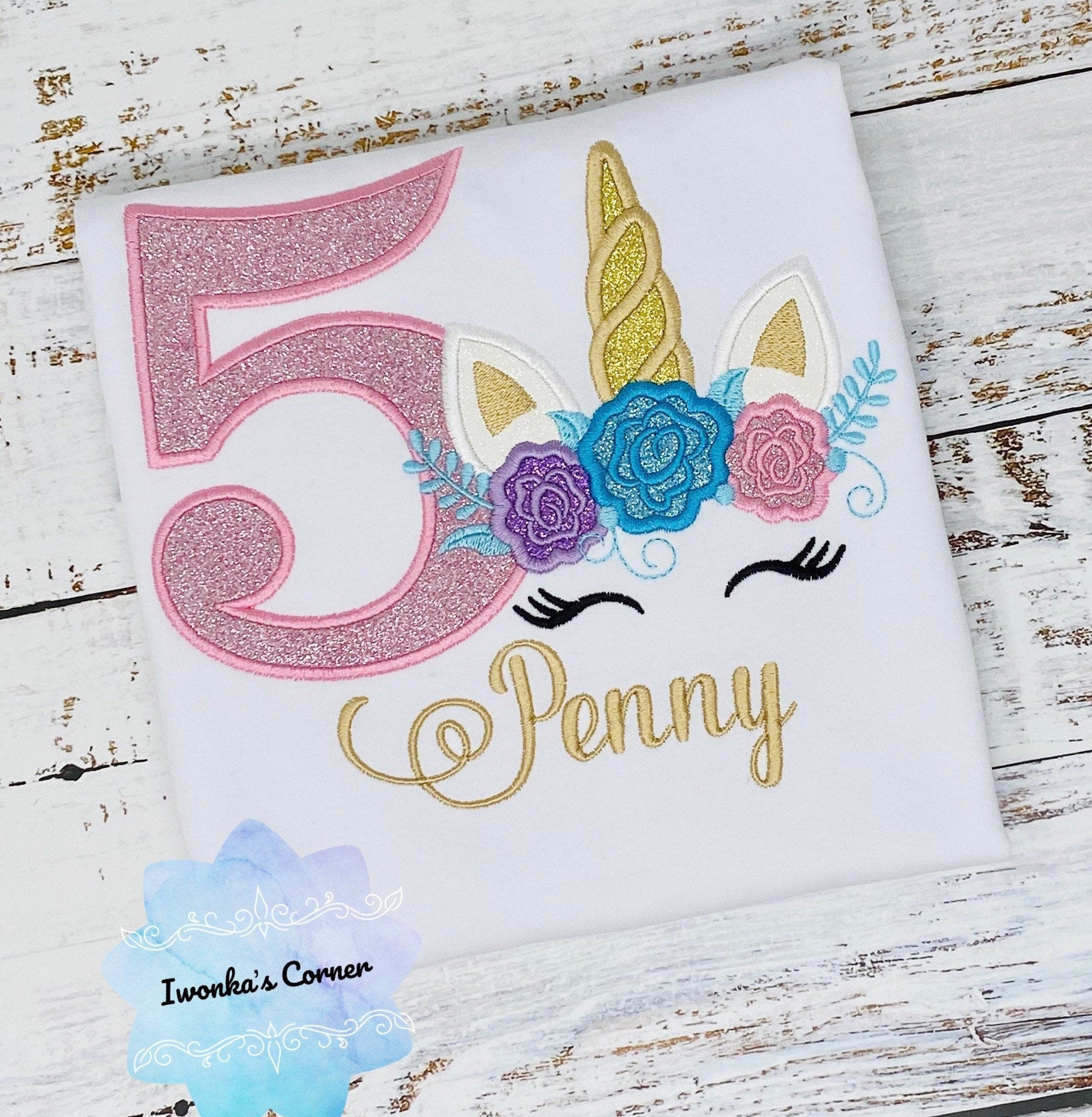 Embroidery shirt with glitter unicorn, Girls birthday shirt with unicorn, Uni bday shirt