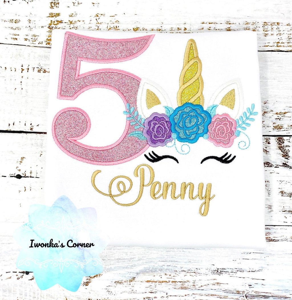Embroidery shirt with glitter unicorn, Girls birthday shirt with unicorn, Uni bday shirt