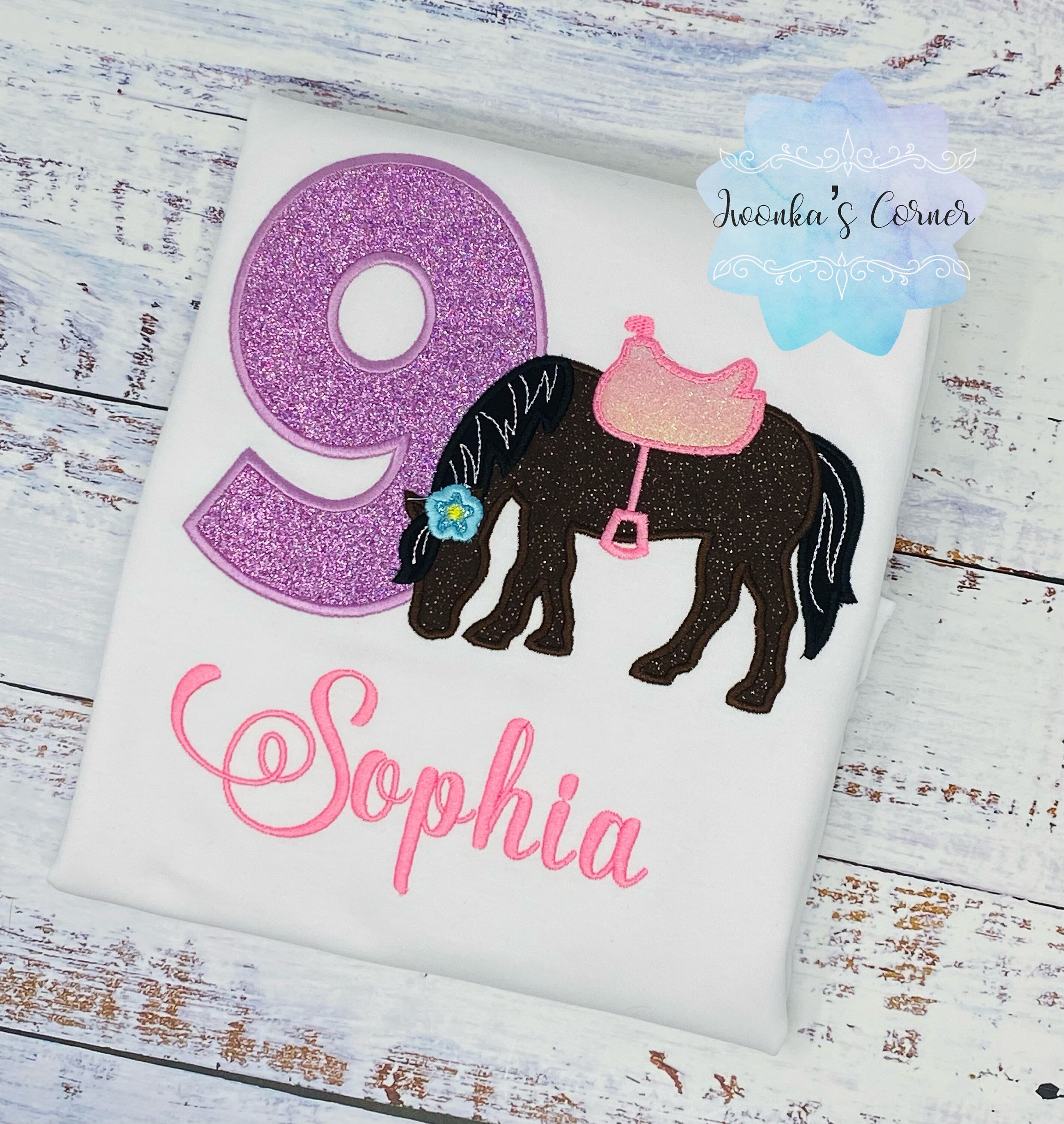 Girl 9th Birthday Shirt With Bay Horse, Birthday Shirt with Brown Horse and Saddle, 4th, 5th, 6th 7th Horse Birthday Shirt, Shirt with Pony