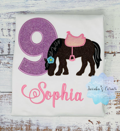 Girl 9th Birthday Shirt With Bay Horse, Birthday Shirt with Brown Horse and Saddle, 4th, 5th, 6th 7th Horse Birthday Shirt, Shirt with Pony