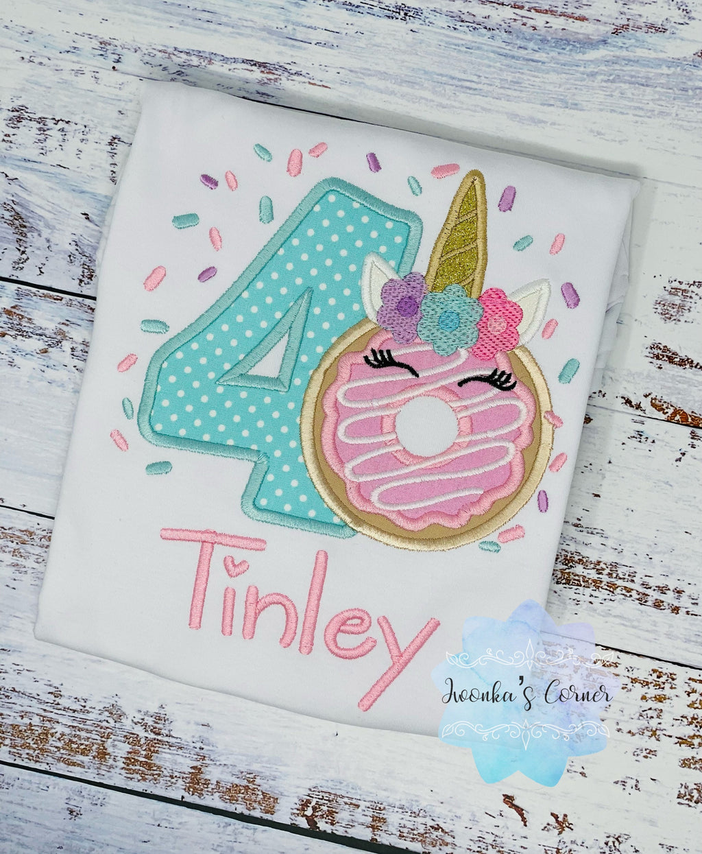 Girl 4th Birthday Unicorn Donut Shirt With Name, 3rd 5th, 6tBirthday Donut Shirt, Birthday Shirt with Donut, Donut Party, Sweet four