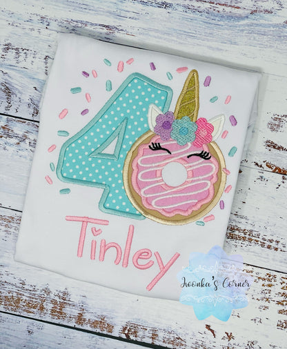 Girl 5th Birthday Donut Unicorn Shirt With Name, 3rd 4th, 6tBirthday Donut Shirt, Birthday Shirt with Donut, unicorn Donut Party, Sweet four