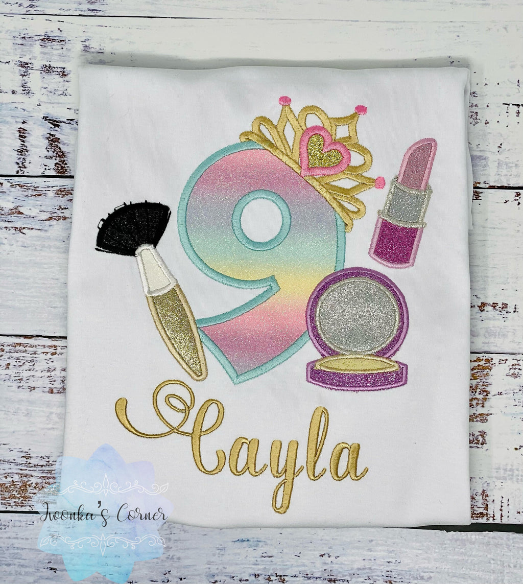 Girl Shirt with Make up, Outfit, Princess Birthday Shirt, Number with Tiara Birthday Shirt, Lipstick Powder Brush, Make up Birthday Party