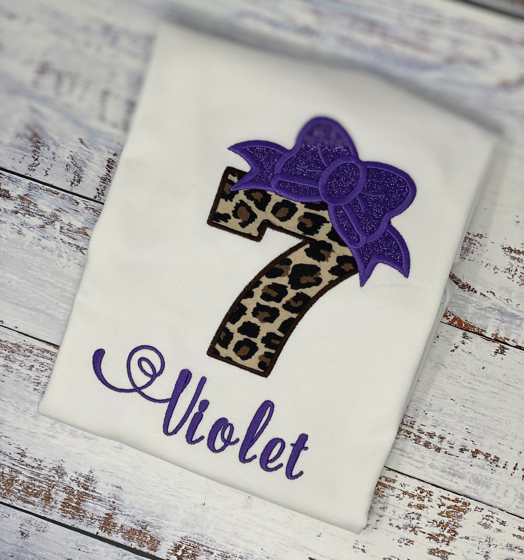 Girl cheetah 7th birthday number shirt, Purple bow cheetah print birthday outfit, Girl all ages birthday outfit, Leopard print