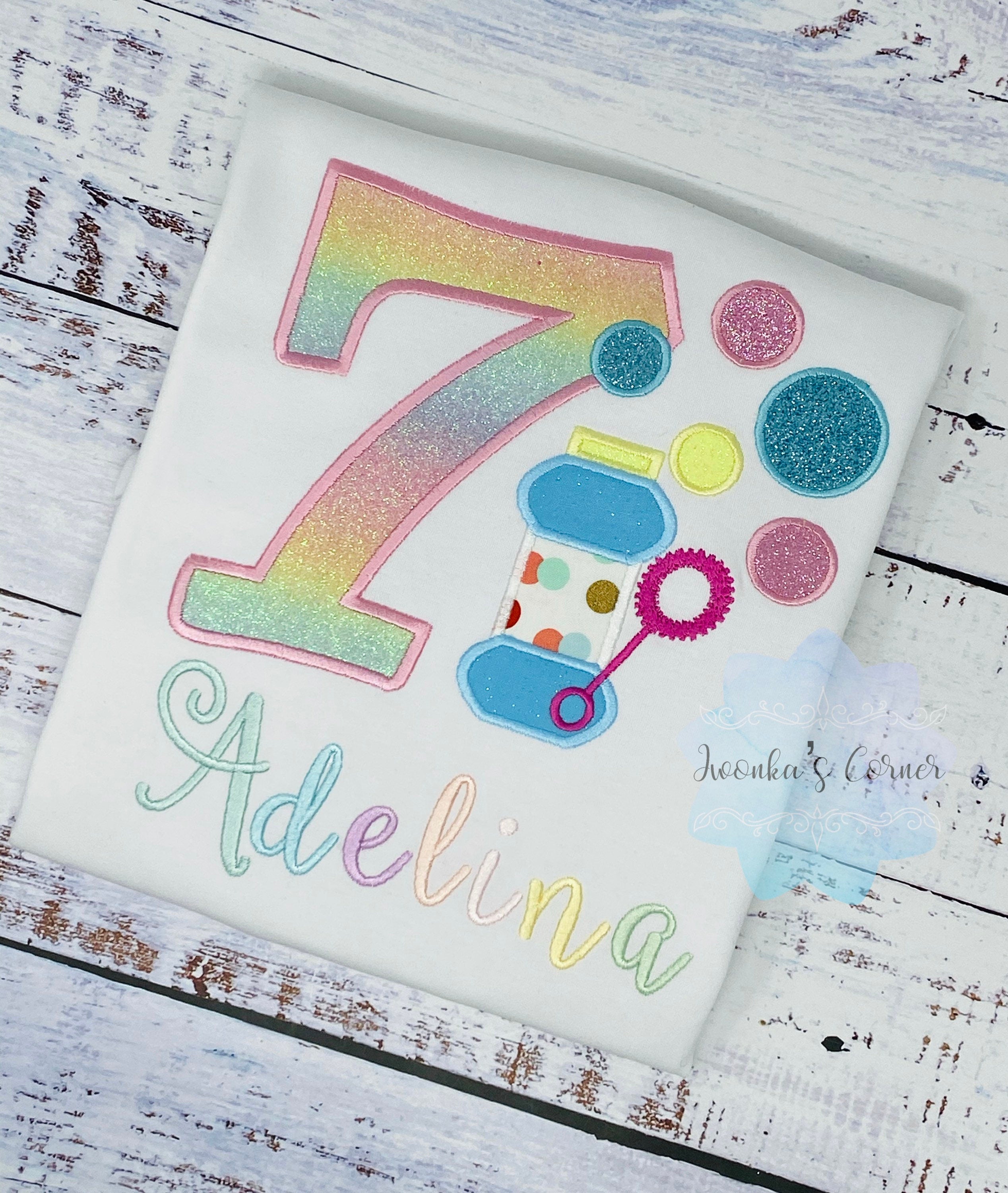Girls 7th birthday Shirt with Bubbles, Bubble applique, Blowing bubbles birthday shirt, Soap Bubbles shirt