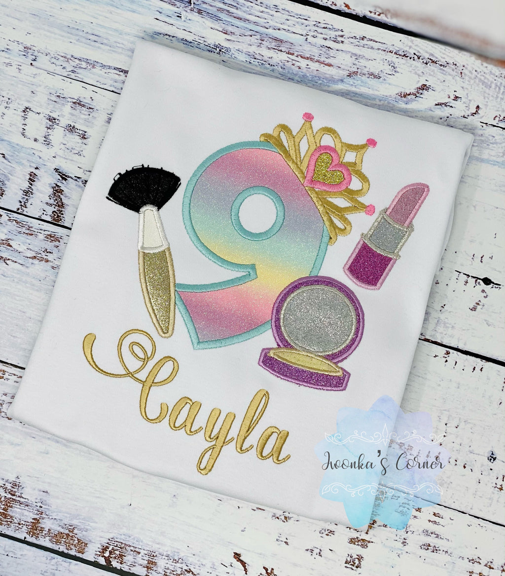 Girl Shirt with Make up, Outfit, Princess Birthday Shirt, Number with Tiara Birthday Shirt, Lipstick Powder Brush, Make up Birthday Party