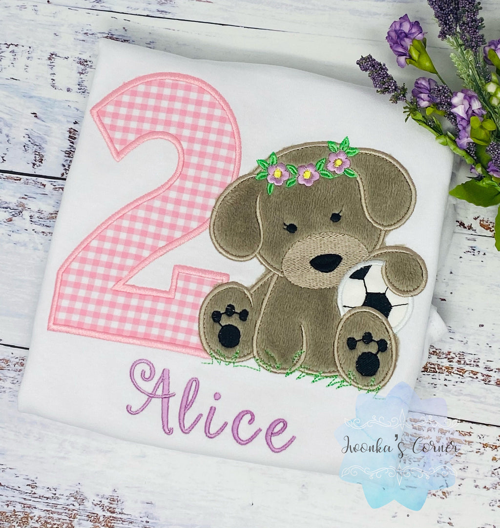 Girl 2nd Birthday Shirt, Embroidered Puppy with Soccer Ball, Birthday Shirt With Girl Dog, Dog Birthday Shirt, Fluffy Puppy Embroidery