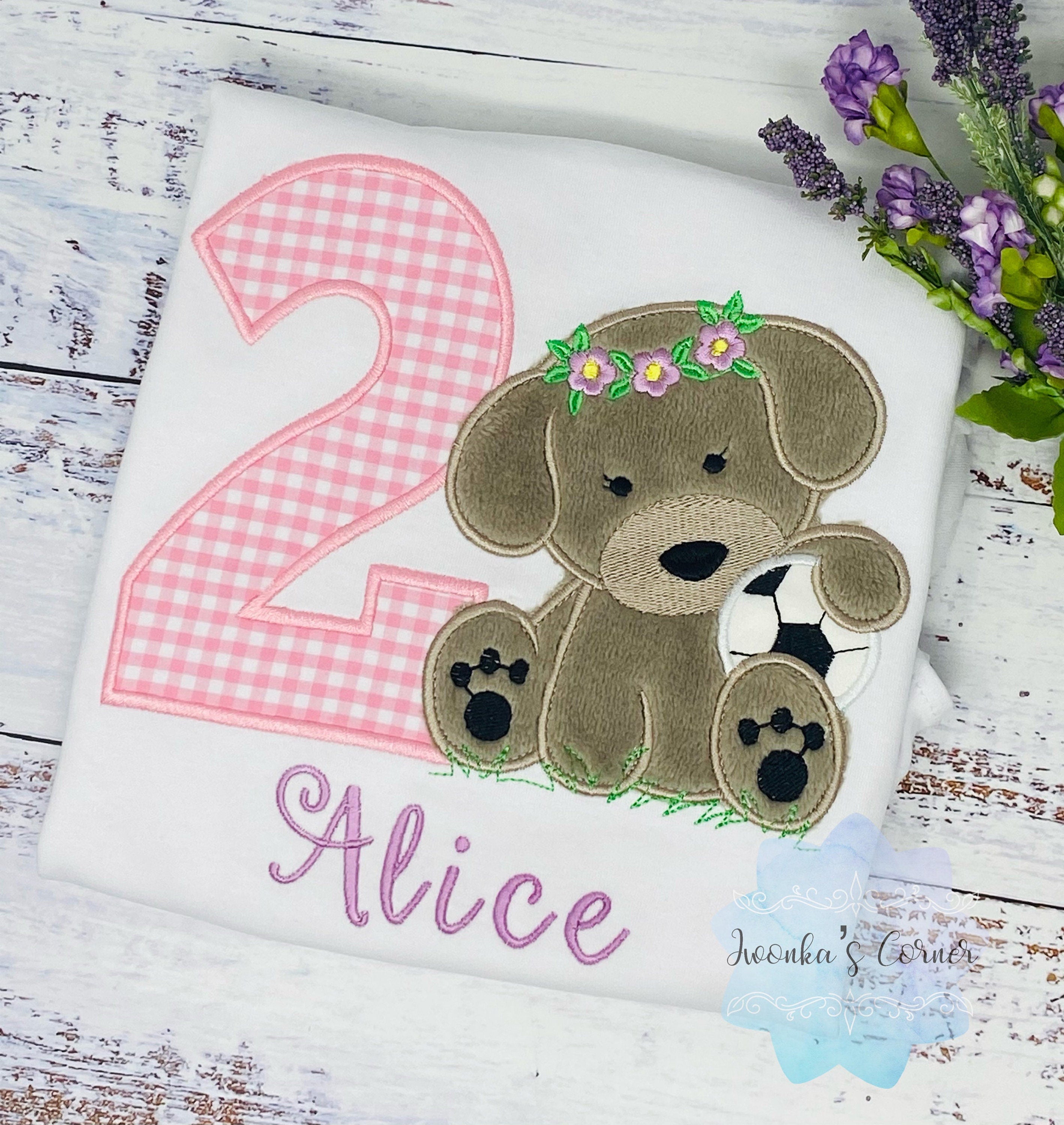 Girl 2nd Birthday Shirt, Embroidered Puppy with Soccer Ball, Birthday Shirt With Girl Dog, Dog Birthday Shirt, Fluffy Puppy Embroidery