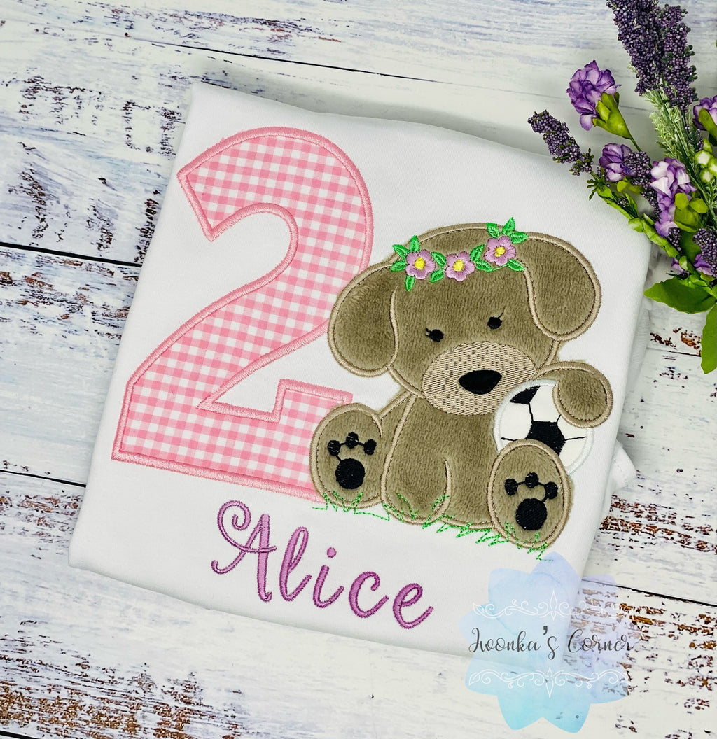 Girl 2nd Birthday Shirt, Embroidered Puppy with Soccer Ball, Birthday Shirt With Girl Dog, Dog Birthday Shirt, Fluffy Puppy Embroidery