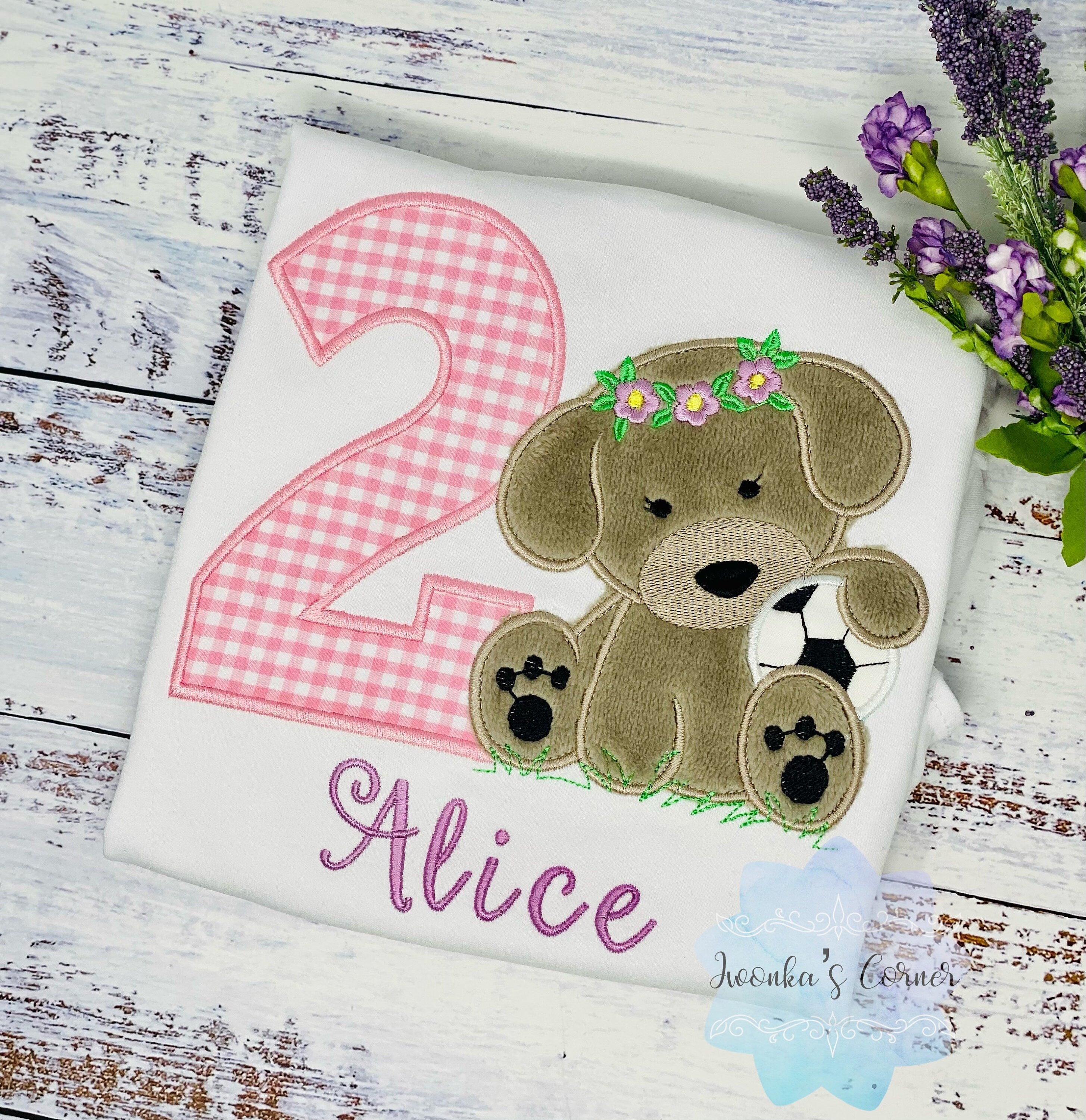 Girl 2nd Birthday Shirt, Embroidered Puppy with Soccer Ball, Birthday Shirt With Girl Dog, Dog Birthday Shirt, Fluffy Puppy Embroidery