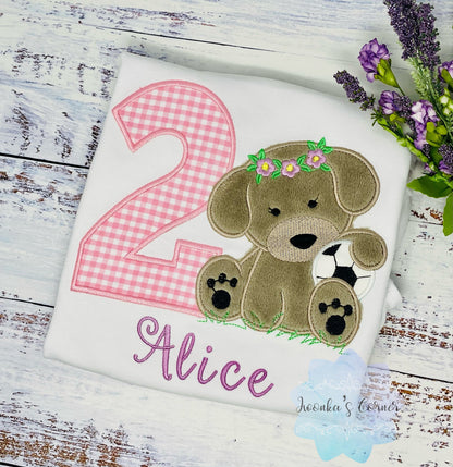 Girl 2nd Birthday Shirt, Embroidered Puppy with Soccer Ball, Birthday Shirt With Girl Dog, Dog Birthday Shirt, Fluffy Puppy Embroidery