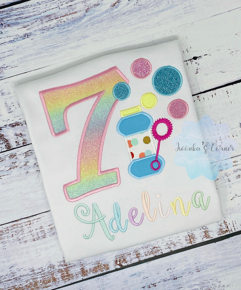 Girls 7th birthday Shirt with Bubbles, Bubble applique, Blowing bubbles birthday shirt, Soap Bubbles shirt