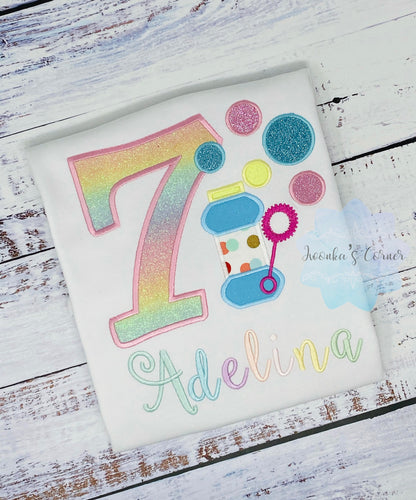 Girls 7th birthday Shirt with Bubbles, Bubble applique, Blowing bubbles birthday shirt, Soap Bubbles shirt