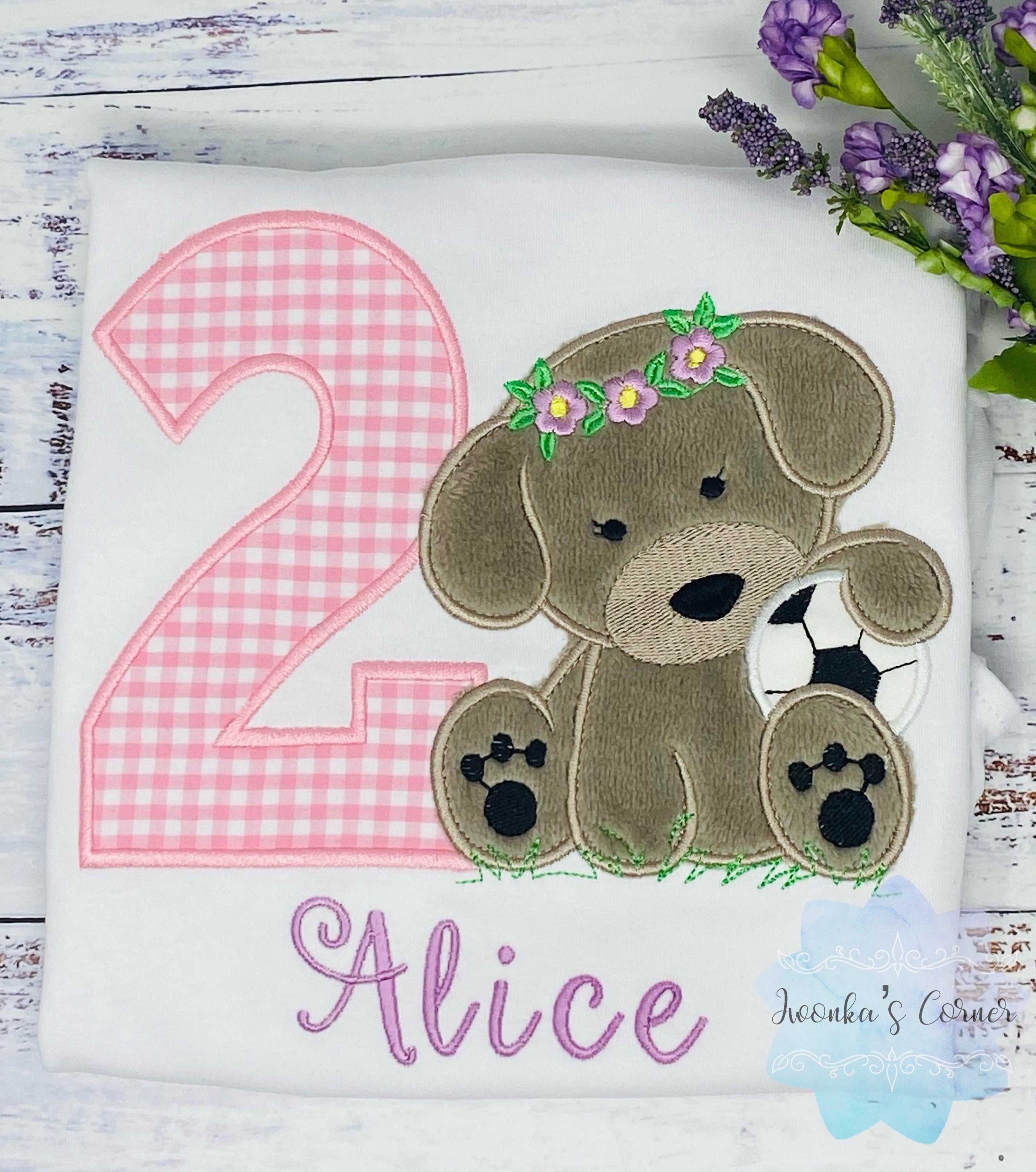 Girl 2nd Birthday Shirt, Embroidered Puppy with Soccer Ball, Birthday Shirt With Girl Dog, Dog Birthday Shirt, Fluffy Puppy Embroidery