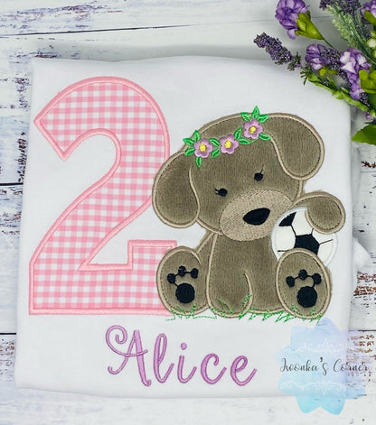 Girl 2nd Birthday Shirt, Embroidered Puppy with Soccer Ball, Birthday Shirt With Girl Dog, Dog Birthday Shirt, Fluffy Puppy Embroidery