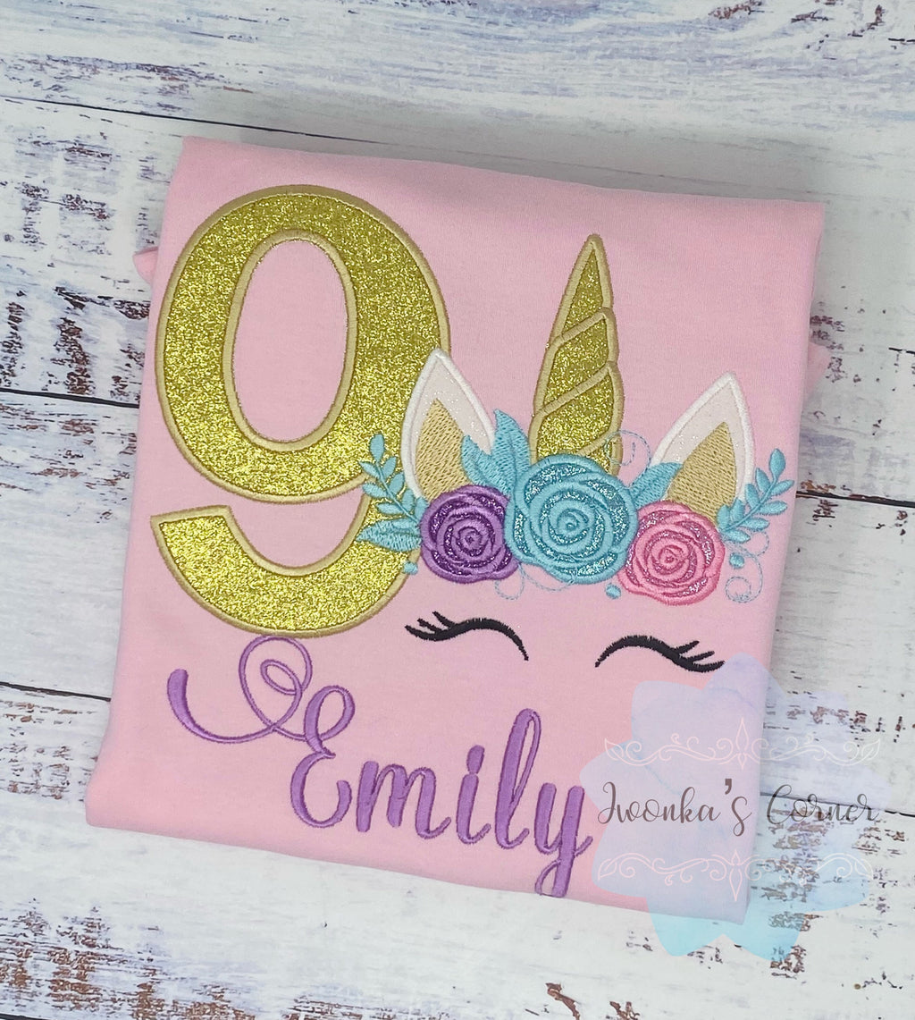 Girl 9th unicorn birthday shirt, Gold number birthday unicorn shirt, Unicorn birthday, Unicorn party outfit, Unicorn embroidery