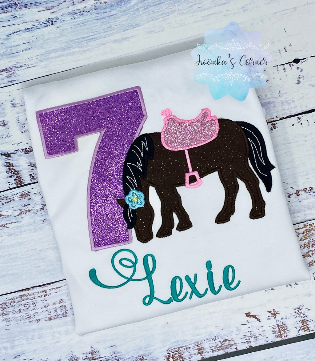 Girl 7th Birthday Shirt With Bay Horse, Birthday Shirt with Brown Horse and Saddle, 4th, 5th, 6th 8th Horse Birthday Shirt, Shirt with Pony