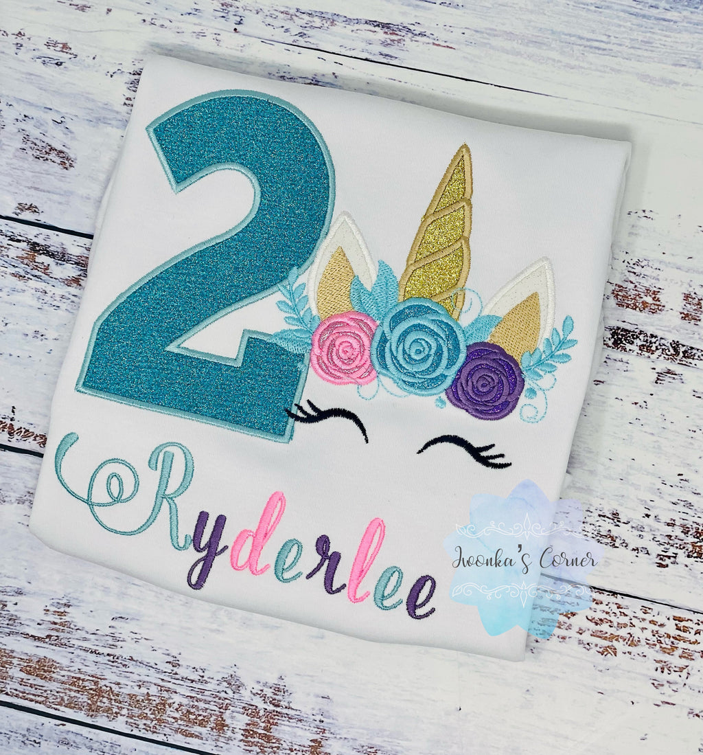 Girl 2nd Birthday Turquoise Unicorn, 3rd, 4th Birthday Unicorn Shirt, Unicorn birthday, Rainbow Unicorn outfit, Unicorn embroidery