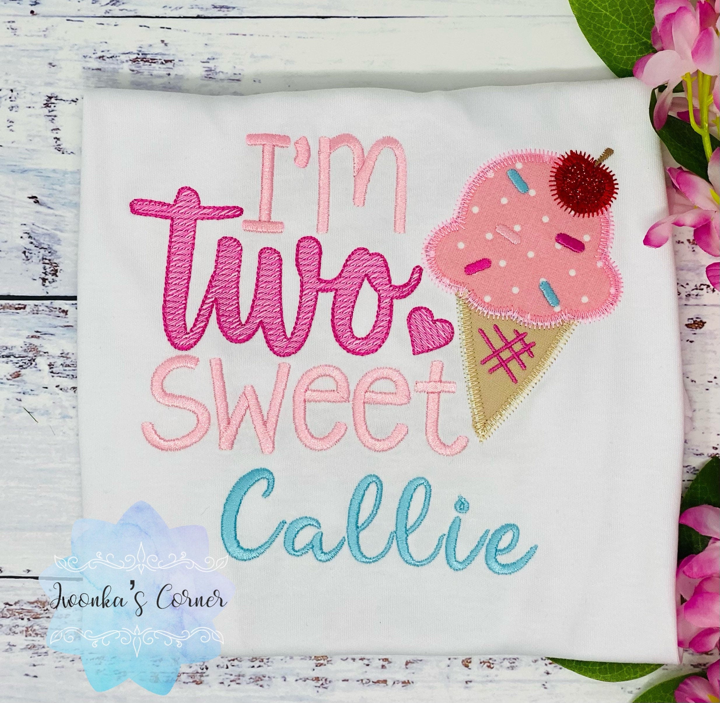 Girl Two Sweet Ice Cream Pink and Blue themed Birthday Shirt, Girls Custom 2nd Birthday Shirt-Embroidered shirt or bodysuit
