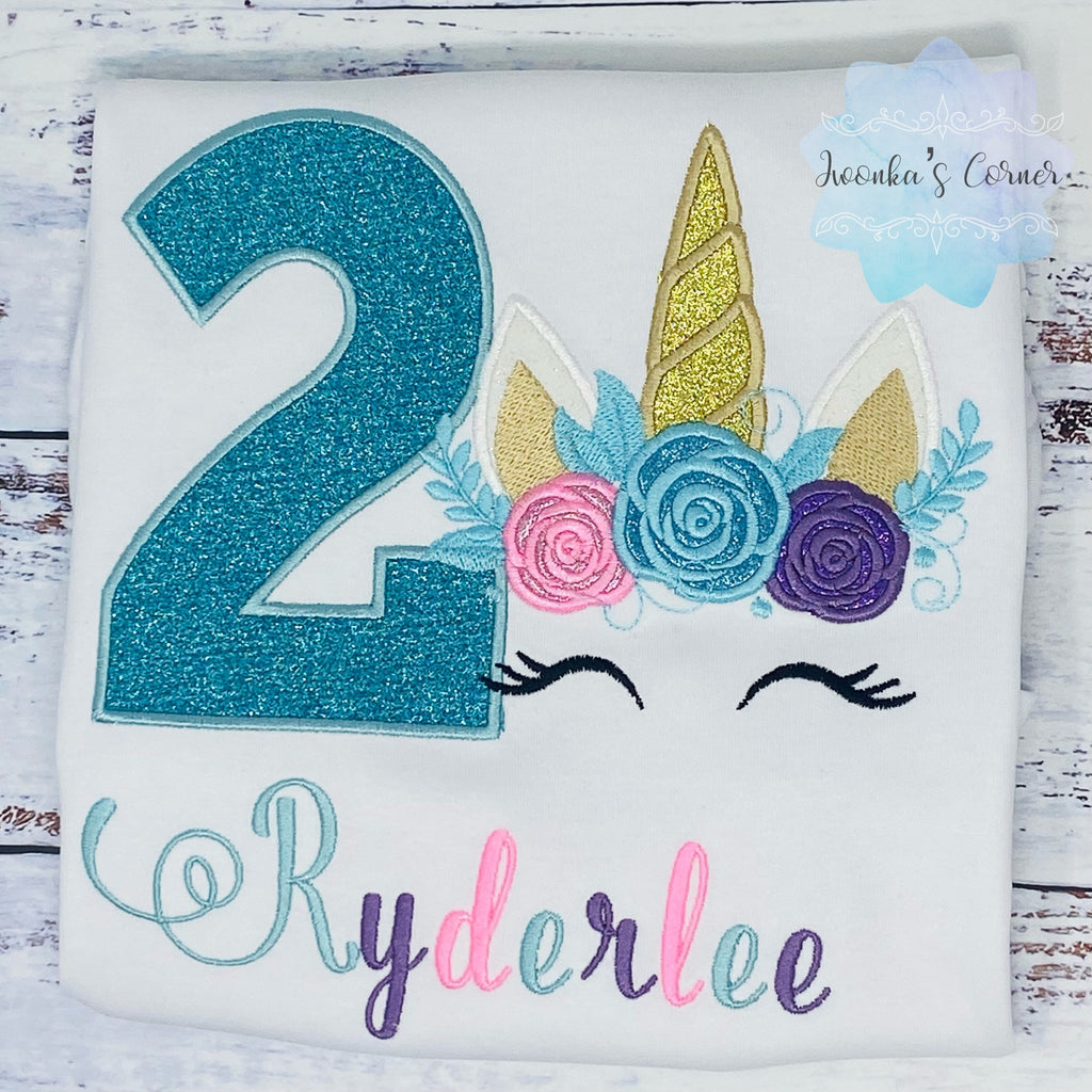 Girl 2nd Birthday Turquoise Unicorn, 3rd, 4th Birthday Unicorn Shirt, Unicorn birthday, Rainbow Unicorn outfit, Unicorn embroidery