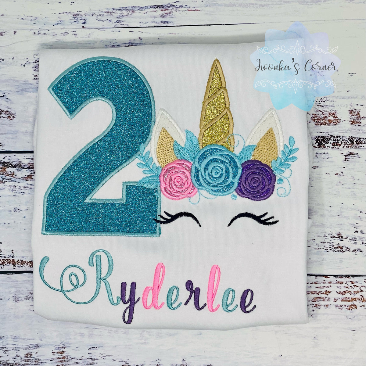 Girl 2nd Birthday Turquoise Unicorn, 3rd, 4th Birthday Unicorn Shirt, Unicorn birthday, Rainbow Unicorn outfit, Unicorn embroidery