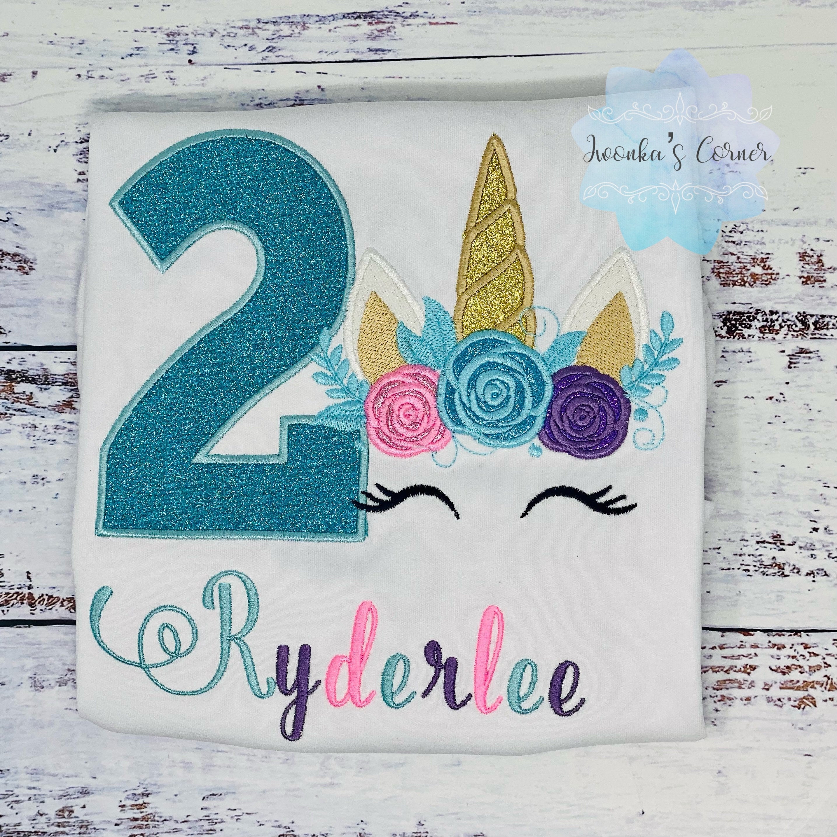 Girl 2nd Birthday Turquoise Unicorn, 3rd, 4th Birthday Unicorn Shirt, Unicorn birthday, Rainbow Unicorn outfit, Unicorn embroidery