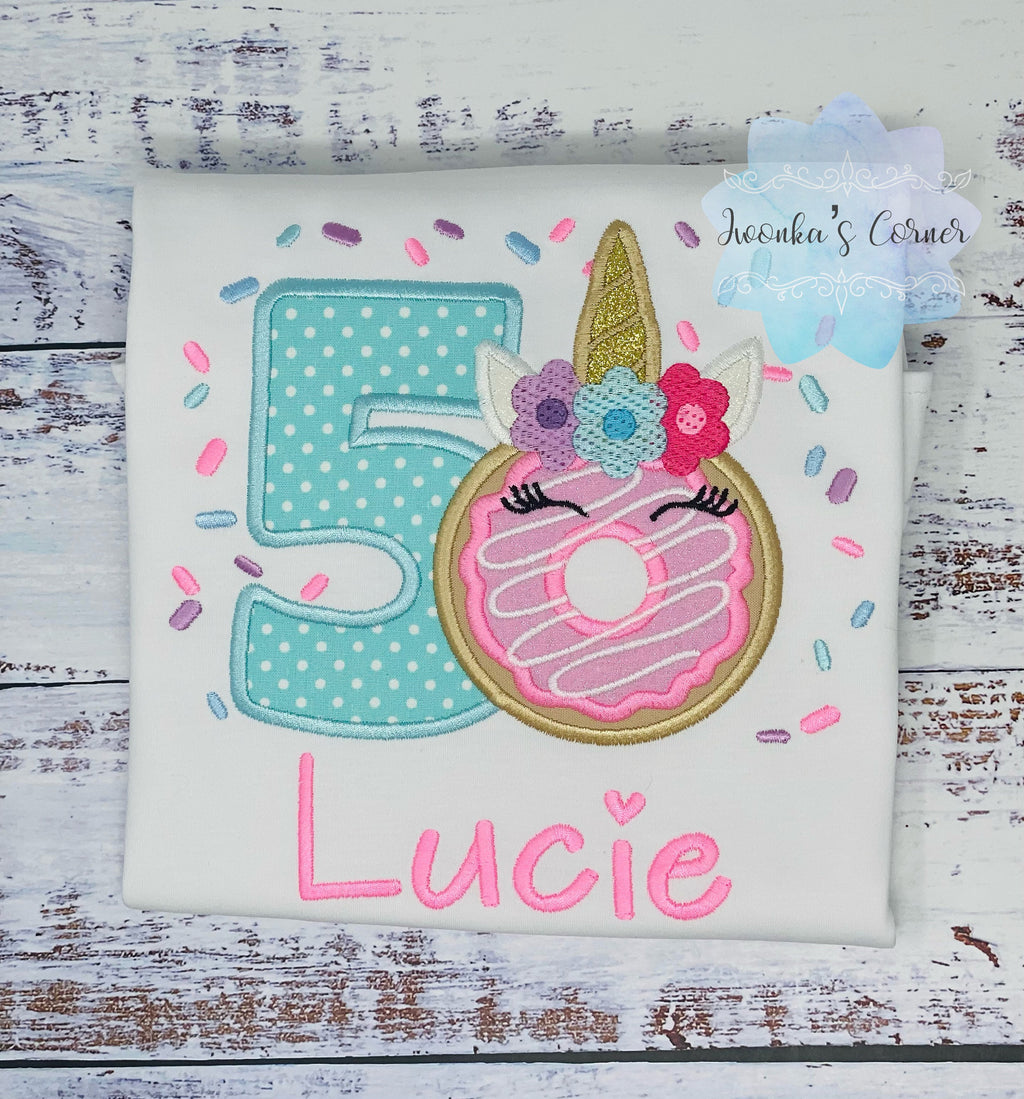 Girl 5th Birthday Donut Unicorn Shirt With Name, 3rd 4th, 6tBirthday Donut Shirt, Birthday Shirt with Donut, unicorn Donut Party, Sweet four