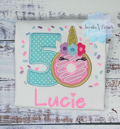 Girl 5th Birthday Donut Unicorn Shirt With Name, 3rd 4th, 6tBirthday Donut Shirt, Birthday Shirt with Donut, unicorn Donut Party, Sweet four