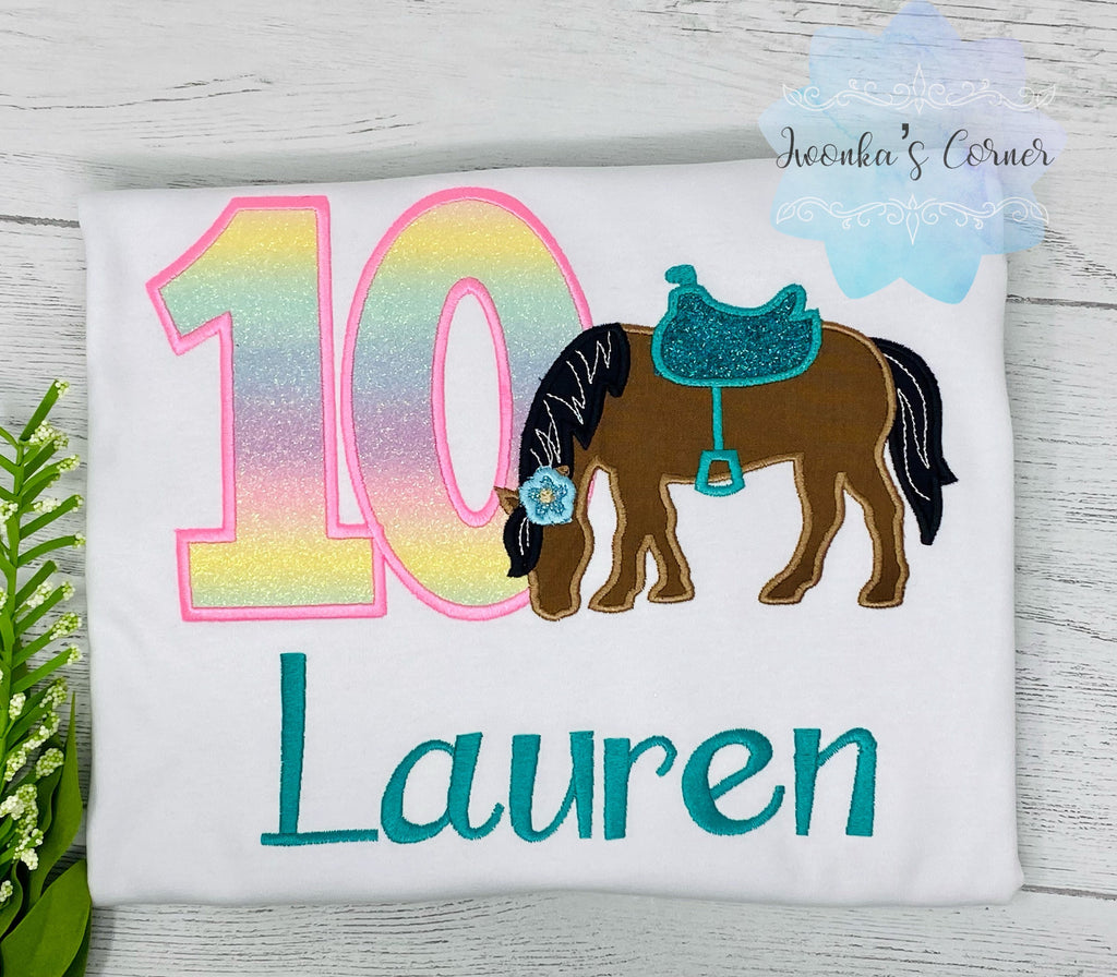 Girl 10th Birthday Shirt With Bay Brown Horse, Birthday Shirt with Horse and Saddle, 4th, 6th 7th Horse Birthday Shirt, Embroidered Horse