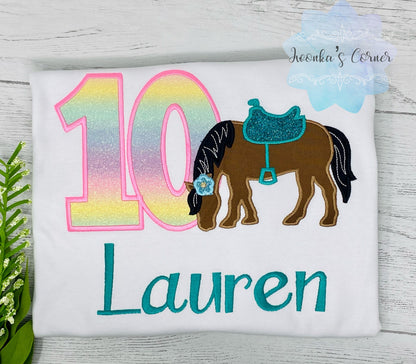 Girl 10th Birthday Shirt With Bay Brown Horse, Birthday Shirt with Horse and Saddle, 4th, 6th 7th Horse Birthday Shirt, Embroidered Horse