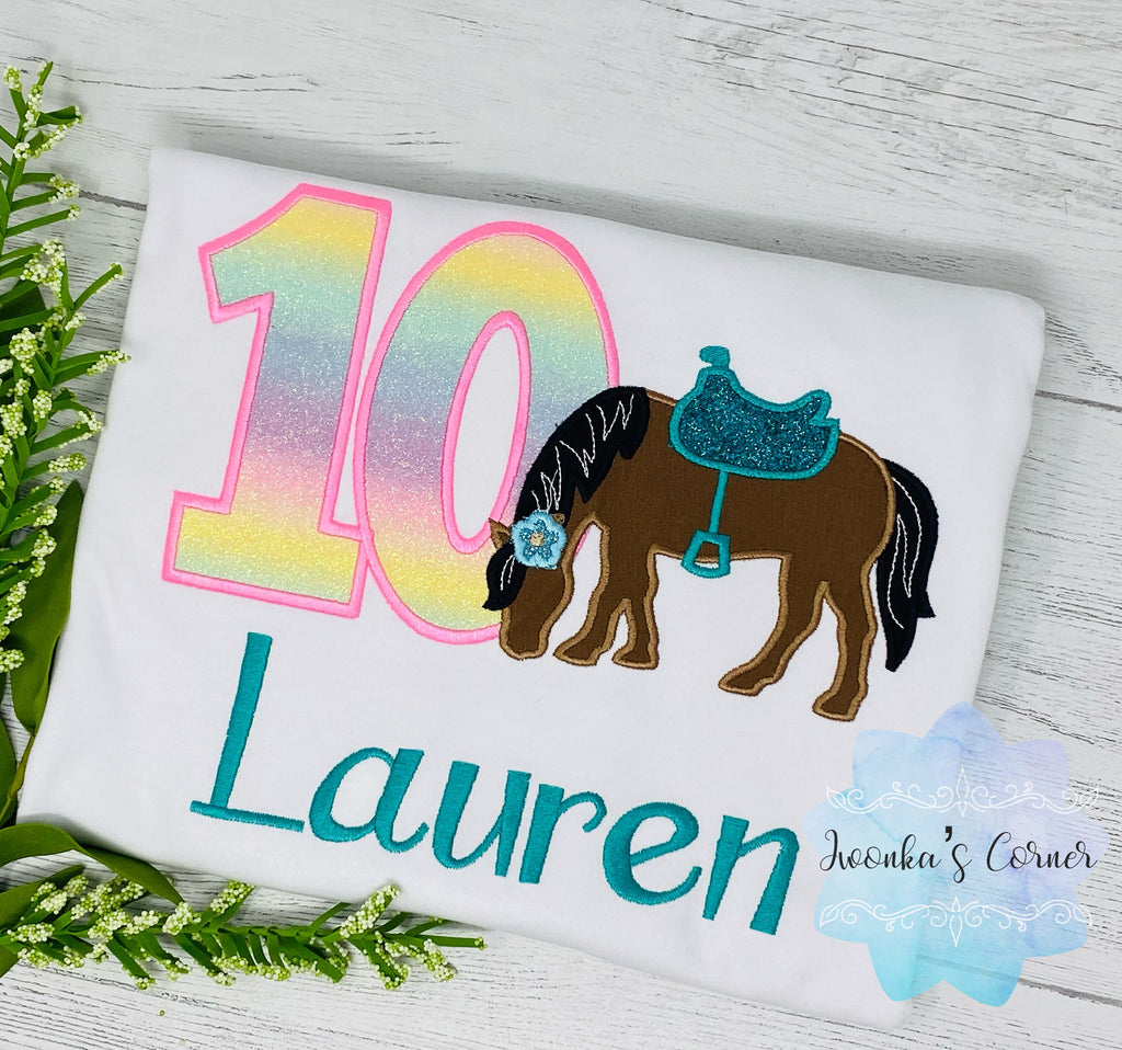 Girl 10th Birthday Shirt With Bay Brown Horse, Birthday Shirt with Horse and Saddle, 4th, 6th 7th Horse Birthday Shirt, Embroidered Horse