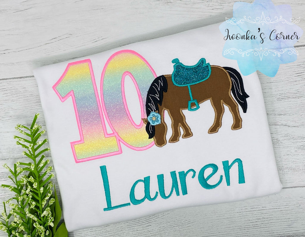 Girl 10th Birthday Shirt With Bay Brown Horse, Birthday Shirt with Horse and Saddle, 4th, 6th 7th Horse Birthday Shirt, Embroidered Horse
