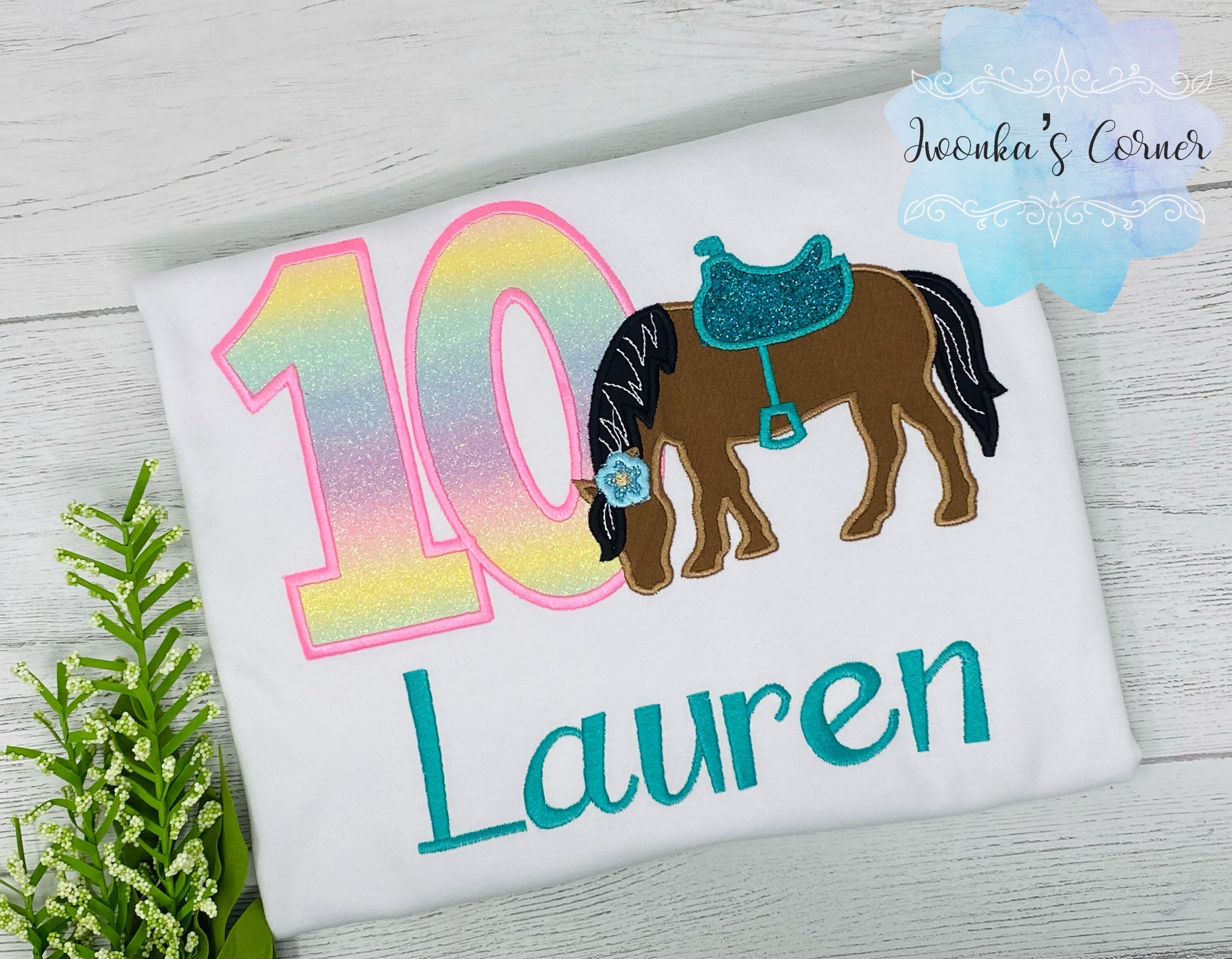 Girl 10th Birthday Shirt With Bay Brown Horse, Birthday Shirt with Horse and Saddle, 4th, 6th 7th Horse Birthday Shirt, Embroidered Horse