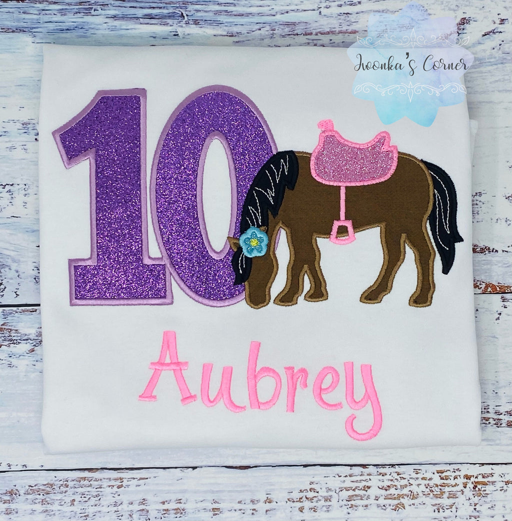 Girl 10th Birthday Shirt With Bay Brown Horse, Birthday Shirt with Horse and Saddle, 4th, 6th 7th Horse Birthday Shirt, Embroidered Horse