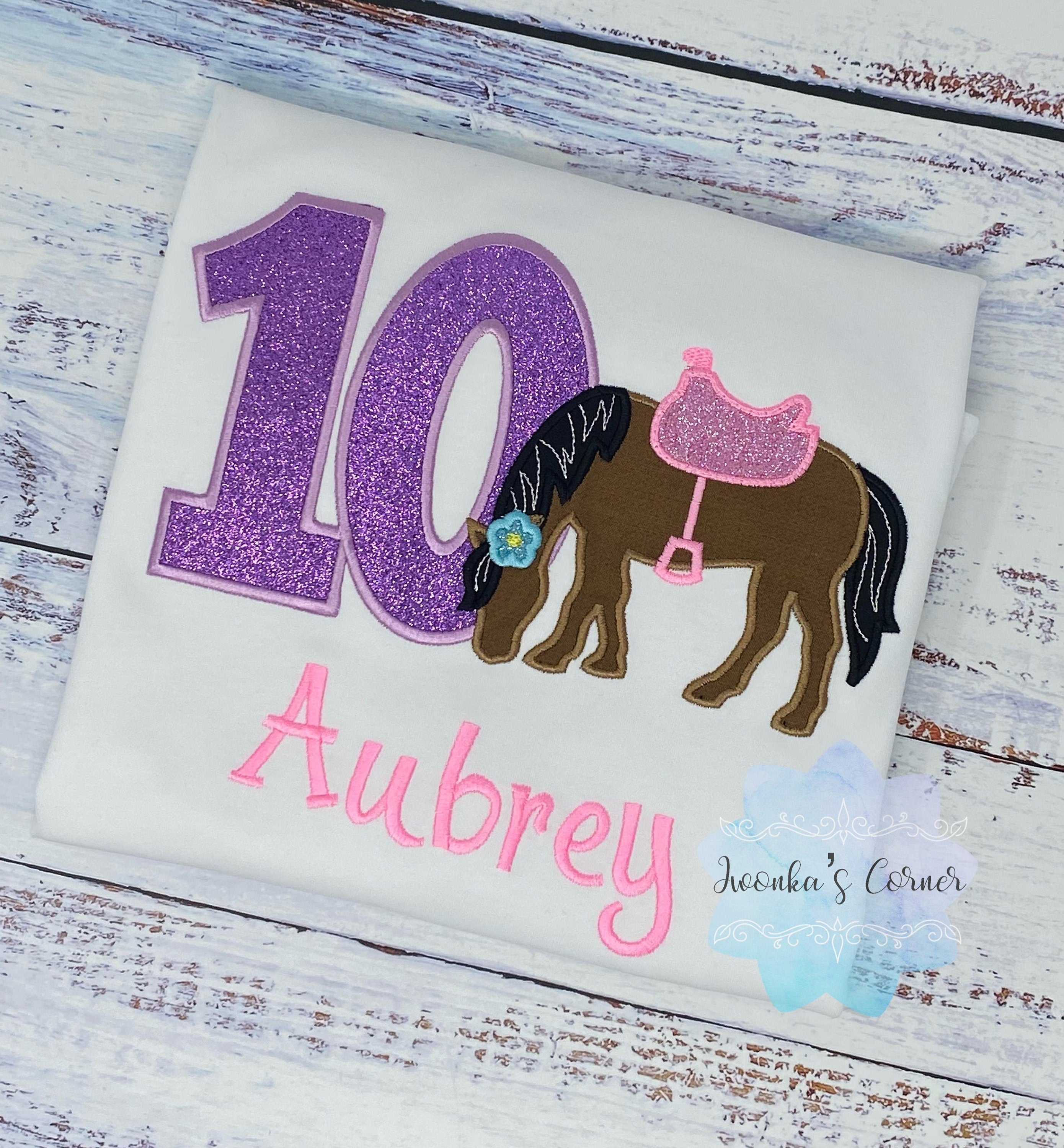 Girl 10th Birthday Shirt With Bay Brown Horse, Birthday Shirt with Horse and Saddle, 4th, 6th 7th Horse Birthday Shirt, Embroidered Horse