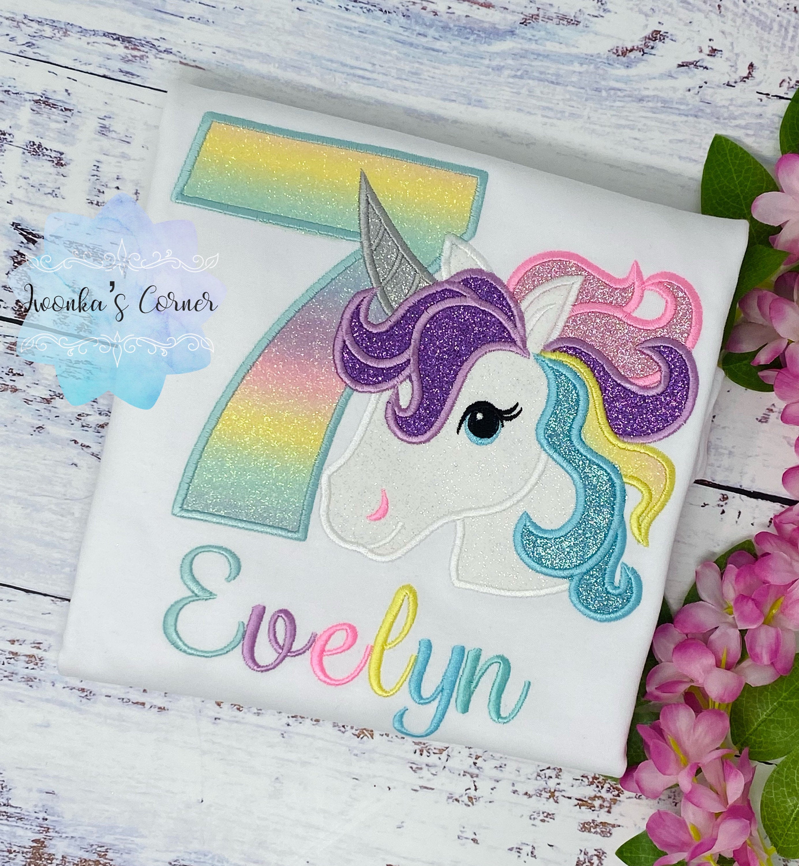 Girl 7th Birthday Shirt with Unicorn, 7th Birthday Pastel Unicorn Shirt, Unicorn birthday, Rainbow Unicorn outfit, Unicorn embroidery