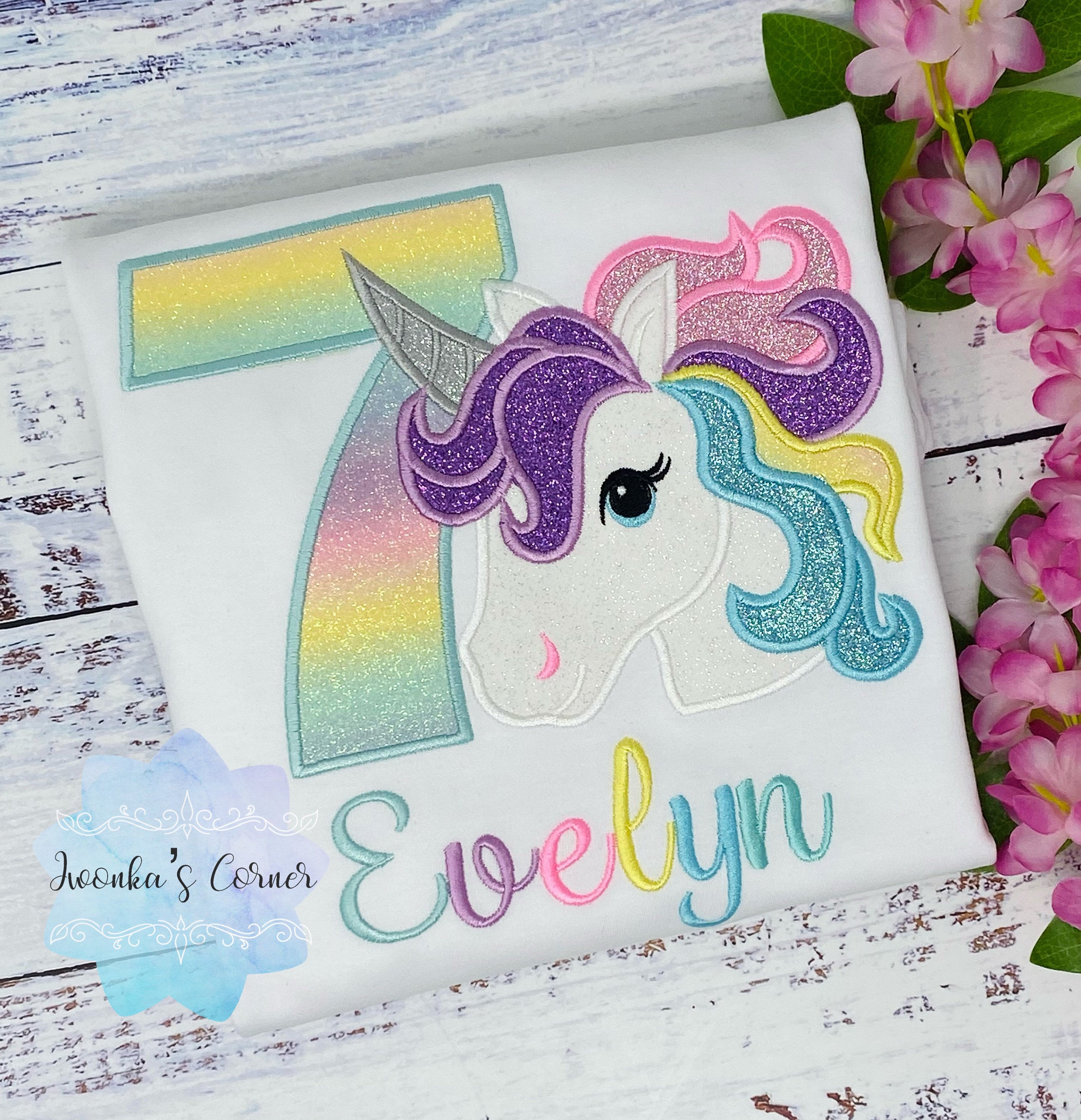 Girl 7th Birthday Shirt with Unicorn, 7th Birthday Pastel Unicorn Shirt, Unicorn birthday, Rainbow Unicorn outfit, Unicorn embroidery