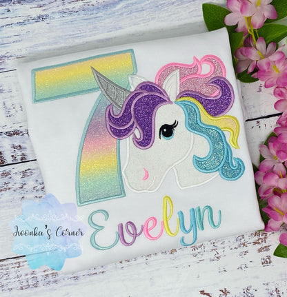 Girl 7th Birthday Shirt with Unicorn, 7th Birthday Pastel Unicorn Shirt, Unicorn birthday, Rainbow Unicorn outfit, Unicorn embroidery