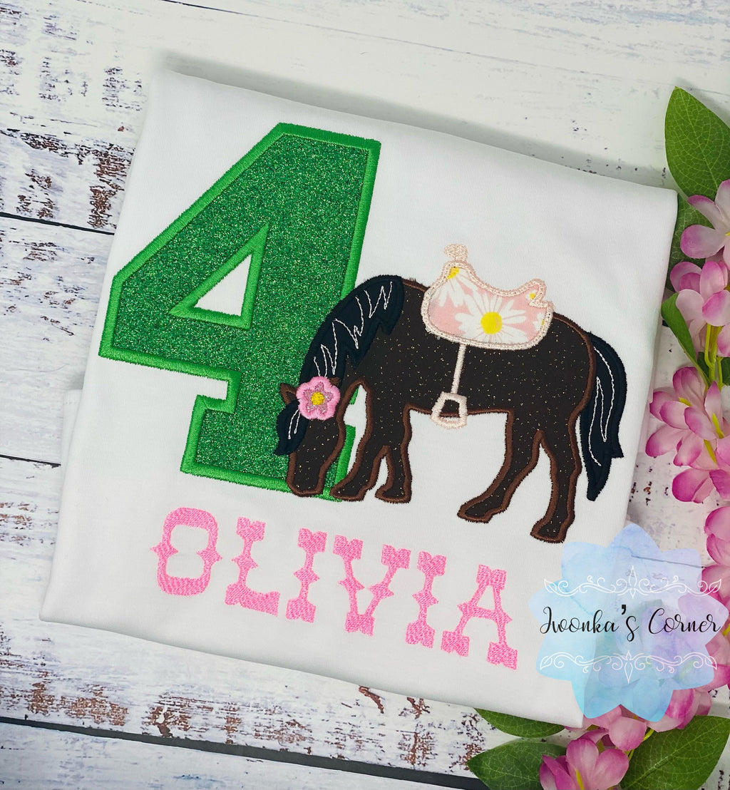 Girl 4th Birthday Shirt With Brown Horse, Birthday Shirt with Embroidered Horse and Saddle, 4th, 6th Horse Birthday Shirt, Green Number