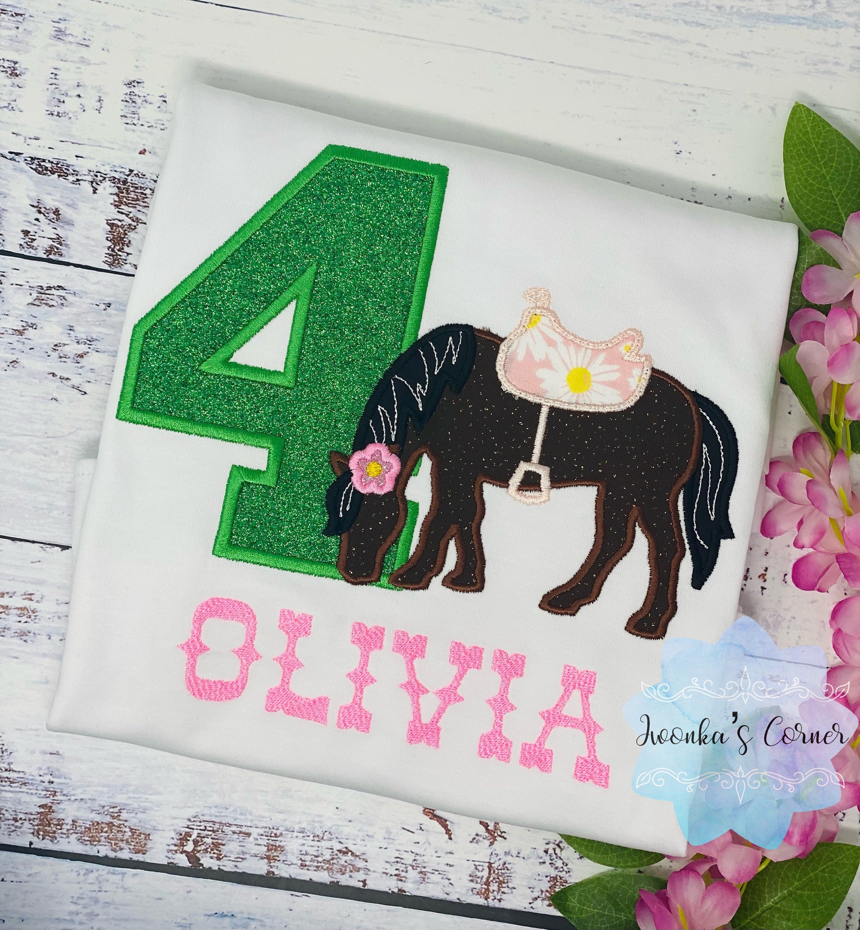 Girl 4th Birthday Shirt With Brown Horse, Birthday Shirt with Embroidered Horse and Saddle, 4th, 6th Horse Birthday Shirt, Green Number