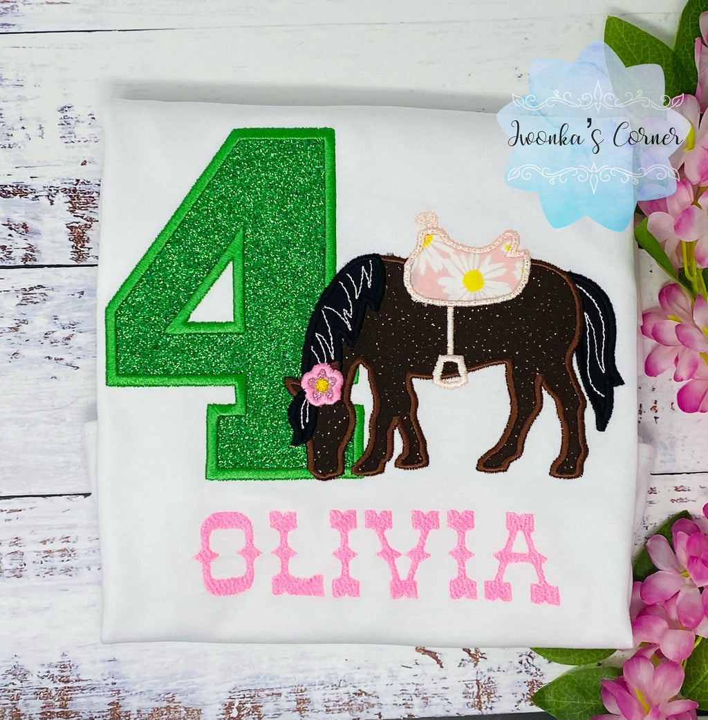 Girl 4th Birthday Shirt With Brown Horse, Birthday Shirt with Embroidered Horse and Saddle, 4th, 6th Horse Birthday Shirt, Green Number