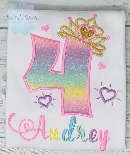 4th Birthday Shirt for Girl, Rainbow Princess Birthday Shirt, Birthday Number with Crown, Girls 4th Rainbow Number, Princess Tiara Party
