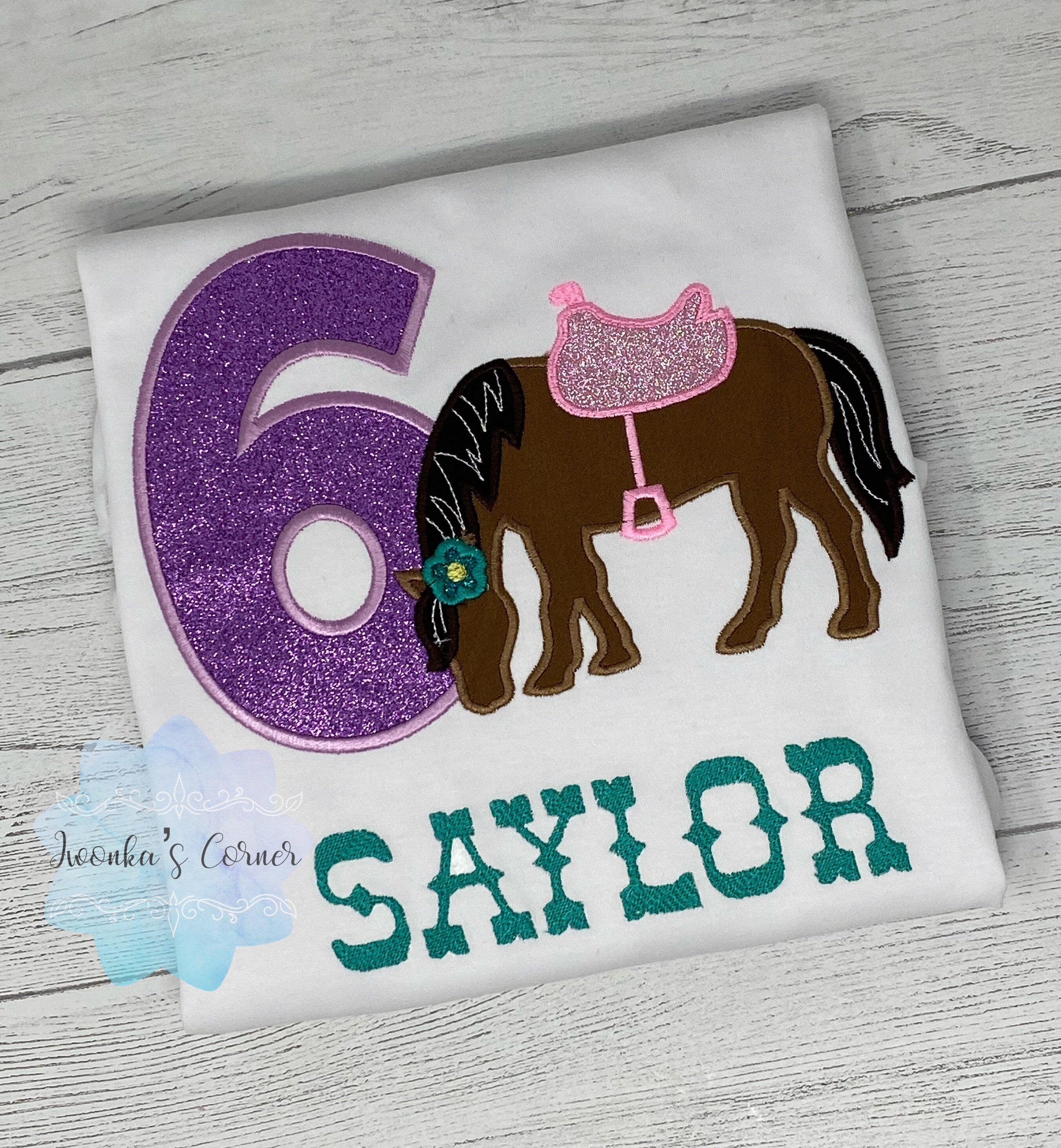 Girl 6th Birthday Shirt With Bay Horse, Birthday Shirt with Brown Pony and Saddle, 3rd, 4th, 5th, 7th Birthday Shirt with a Pony