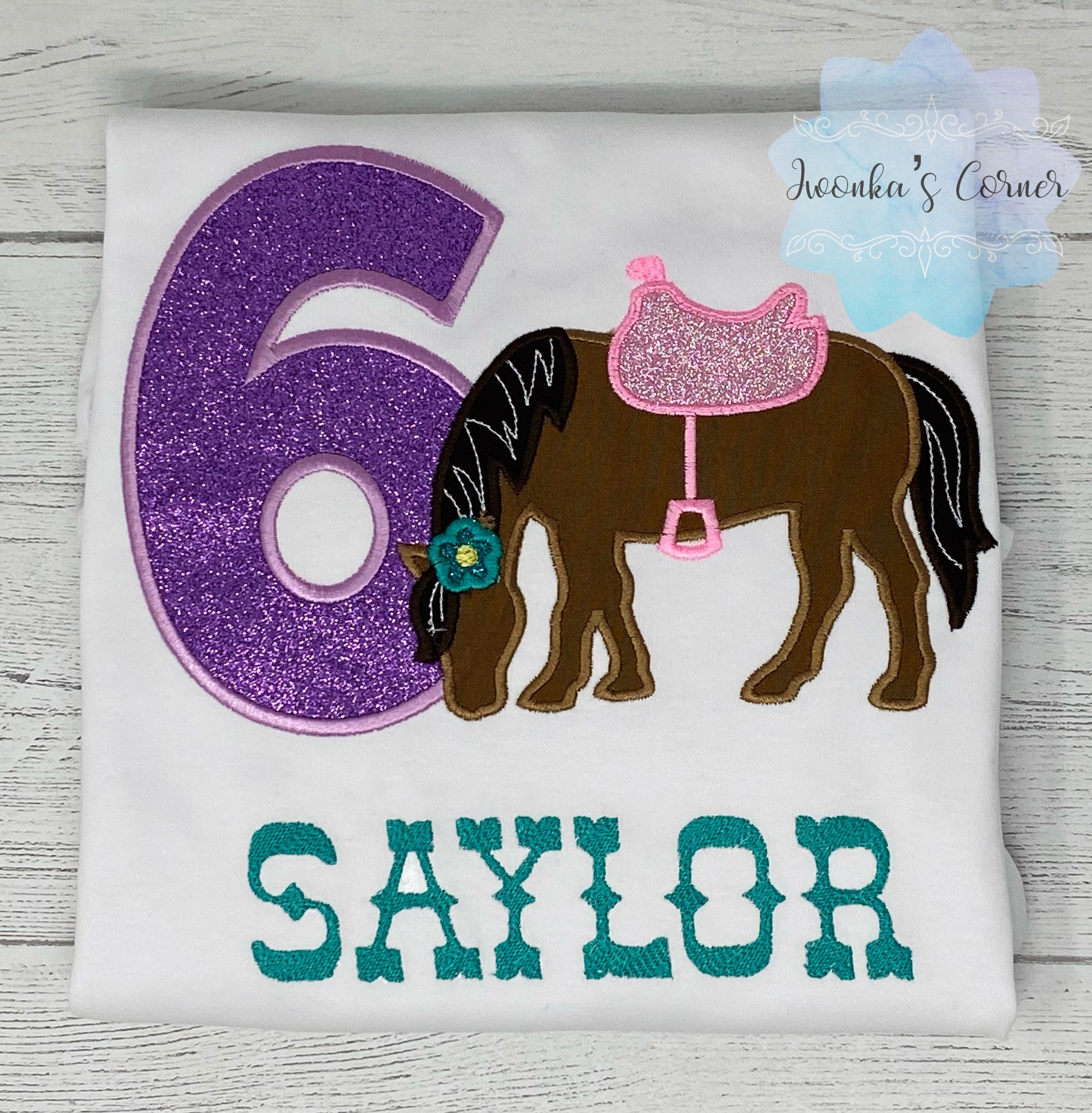Girl 6th Birthday Shirt With Bay Horse, Birthday Shirt with Brown Pony and Saddle, 3rd, 4th, 5th, 7th Birthday Shirt with a Pony