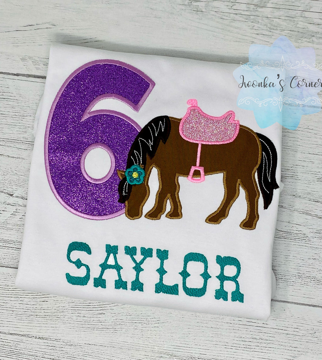 Girl 6th Birthday Shirt With Bay Horse, Birthday Shirt with Brown Pony and Saddle, 3rd, 4th, 5th, 7th Birthday Shirt with a Pony