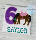 Girl 6th Birthday Shirt With Bay Horse, Birthday Shirt with Brown Pony and Saddle, 3rd, 4th, 5th, 7th Birthday Shirt with a Pony